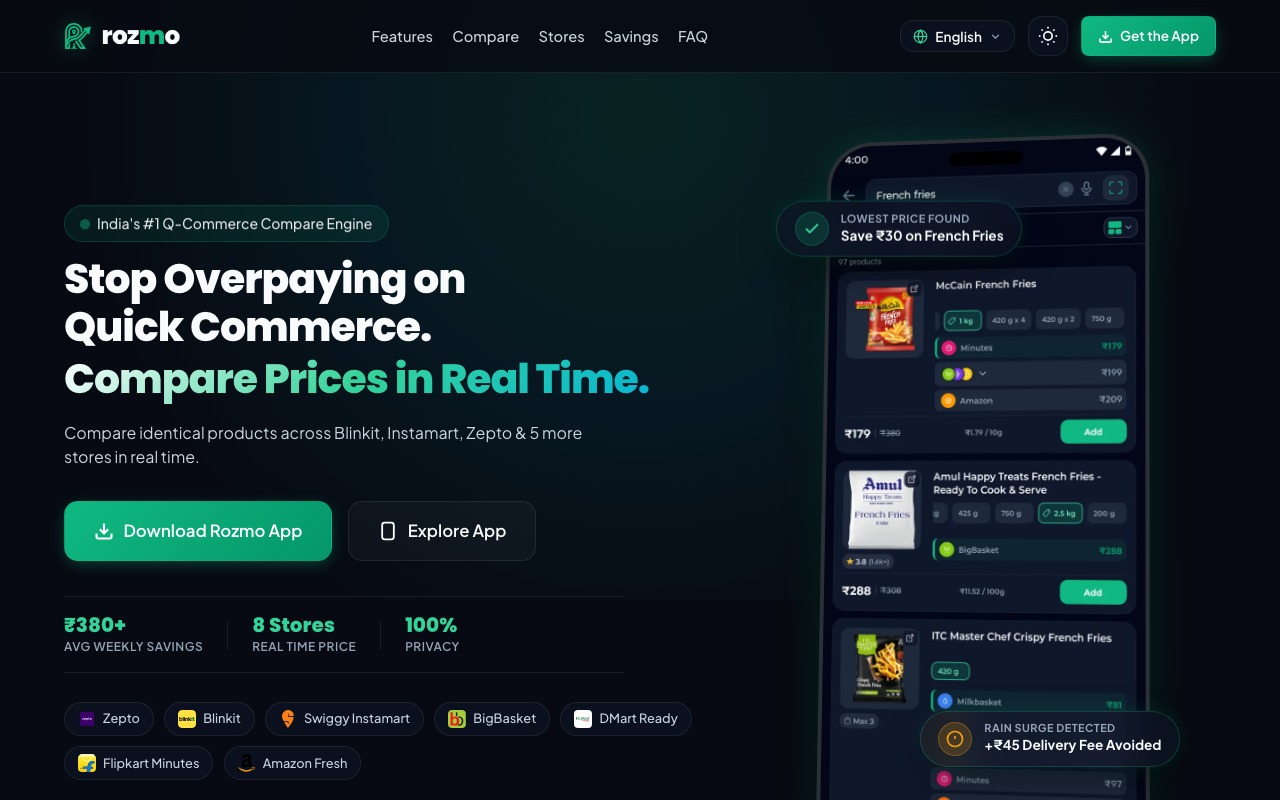 Rozmo Quick Commerce Comparison App Preview